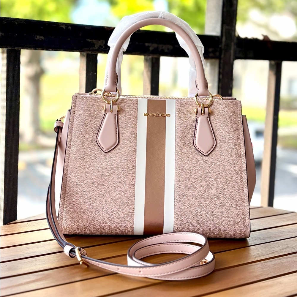 Michael Kors Blush Pink Signature Stripe Satchel - Picture 14 of 16